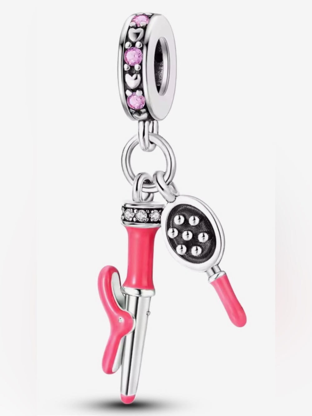 Silver & Pink Sparkle Curling Iron & Hair Brush Dangle Charm
